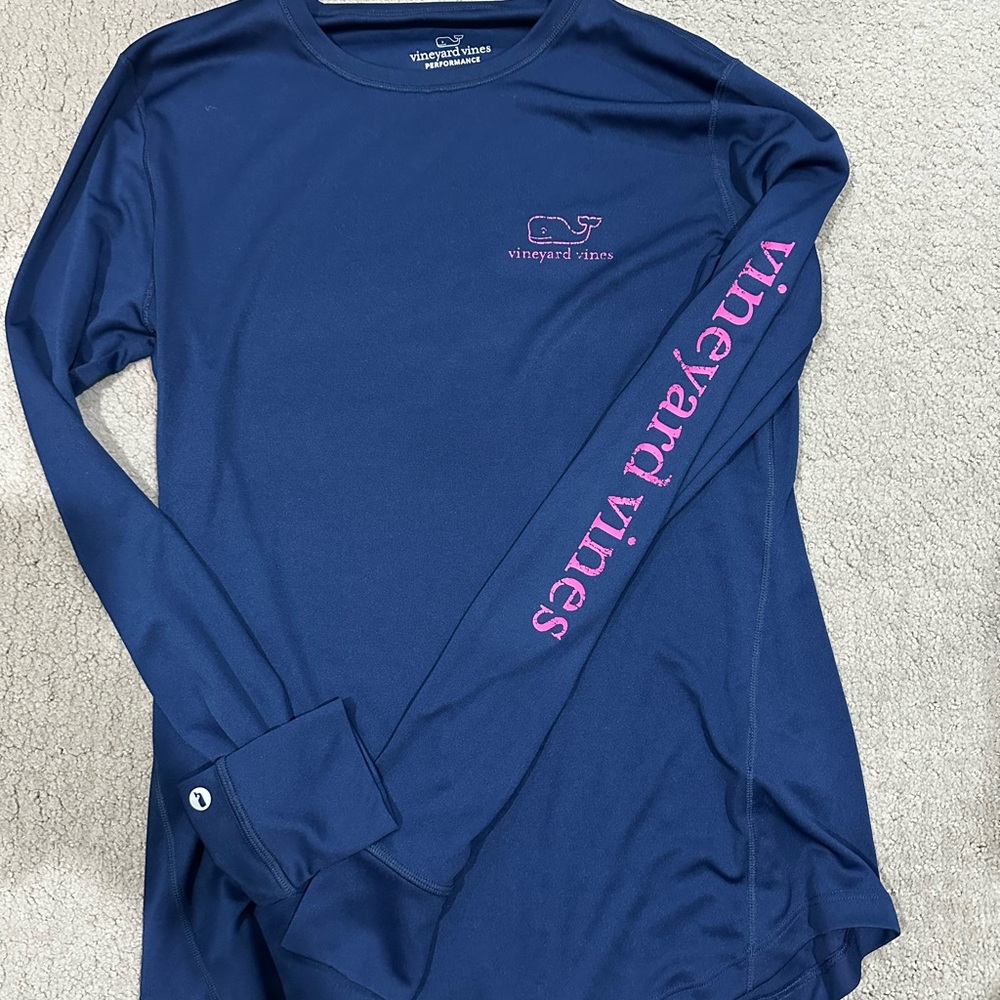 Vineyard Vines Blue Long Sleeve Tee with Pink Accents